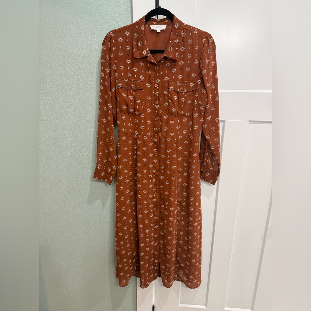 Lucky Brand Terracotta Patterned Long Sleeve Dress